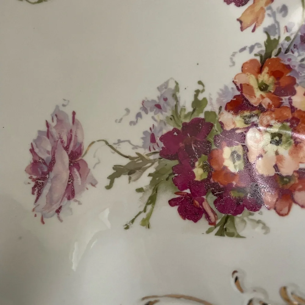 Antique German Porcelain China white/floral gold scalloped edge serving bowl